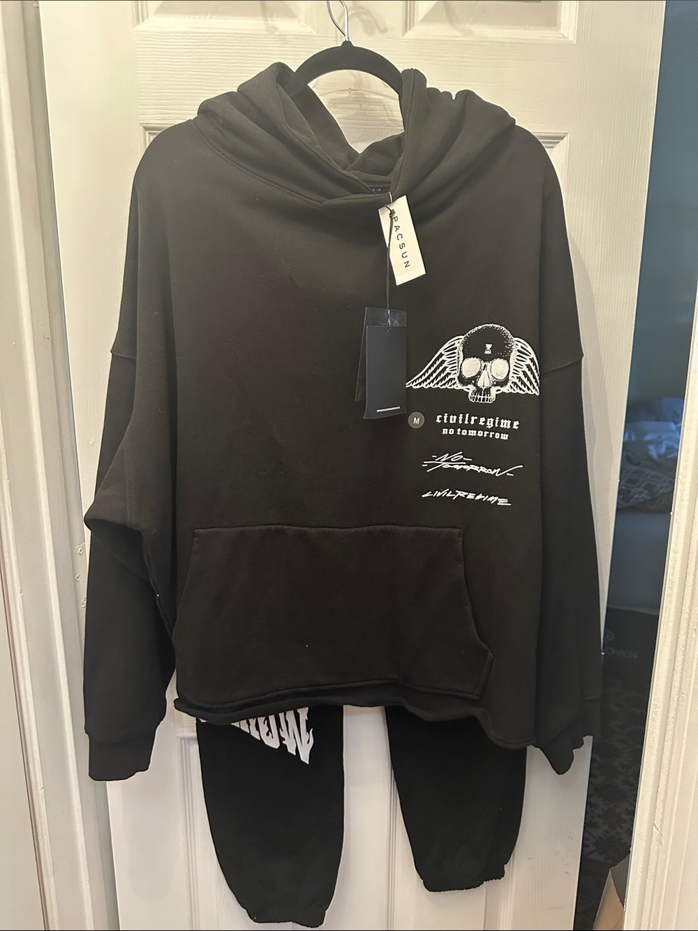 PacSun Black Hoodie with White Winged Skull Graphic Size M